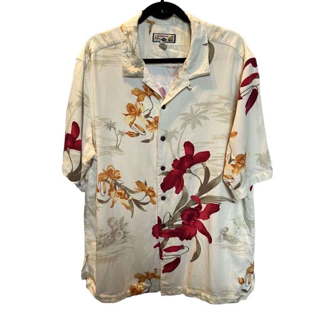 Caribbean Joe Short Sleeve Button Up Shirt Cream/Red Multi Floral Size XL